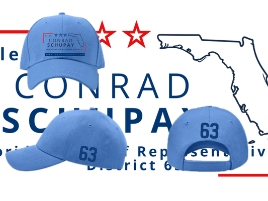 Blue baseball caps with 'Conrad Schupay' and '63' printed on them, with a map of Florida and red stars in the background.